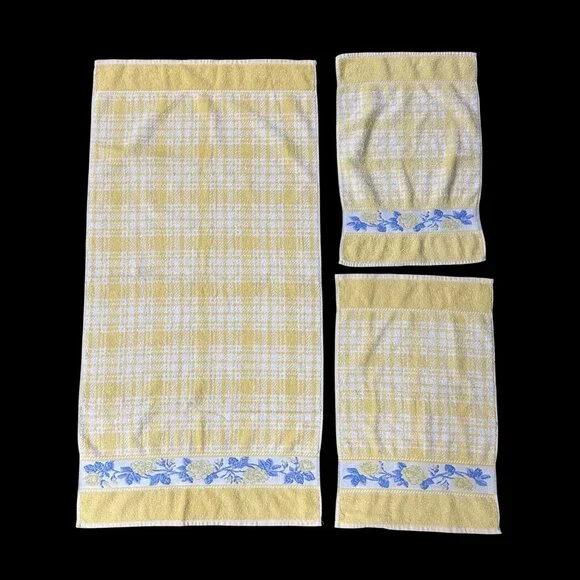 Vintage Yellow Floral Checkered Towel Set Blue White Flowers Cottage Santens USA - Picture 2 of 10